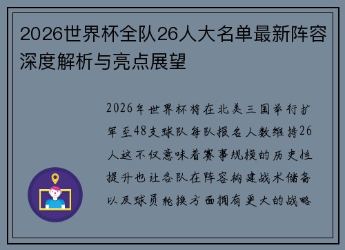 2026世界杯全队26人大名单最新阵容深度解析与亮点展望